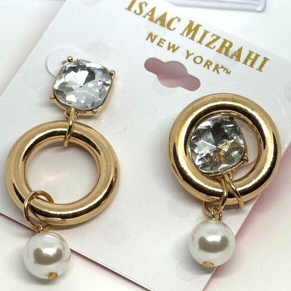 ISAAC MIZRAHI Gold Tone Crystal & Faux Pearl Dangling Post  Earrings - Picture 7 of 11